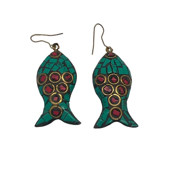 Red Turquoise Resin Bead Brass Necklace Fish Dangle Earrings Tribal Ethnic 20" - Picture 6 of 9